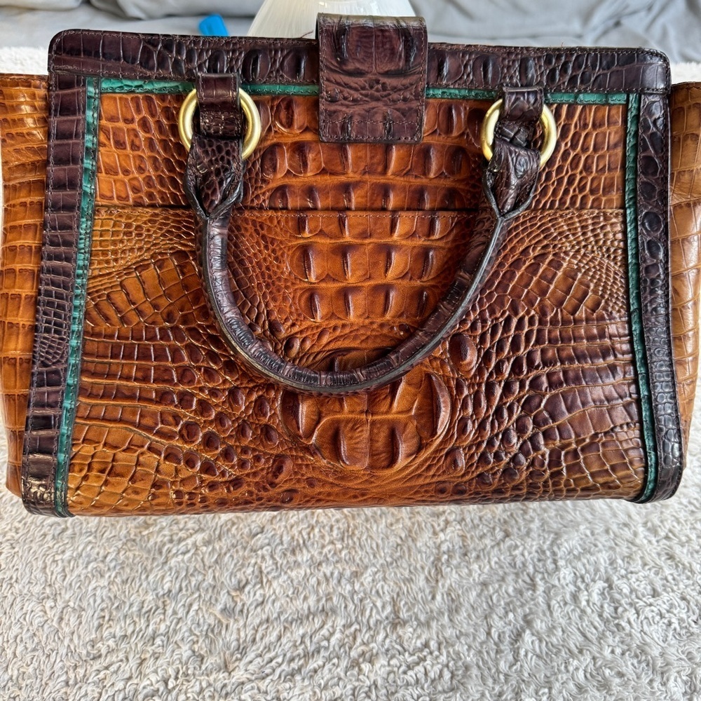 Brahmin Annabelle Dark Camel Tri-Color Croc-Embossed Leather with Green Trim NWT - Picture 4 of 8